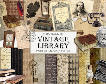 May include: A digital scrapbook kit featuring over 40 images of vintage library elements, such as books, clocks, keys, and a typewriter. The kit is 300 DPI and uses a brown, cream, and black colour scheme.