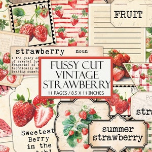 Kit éphémères fraises vintage imprimable, fraise ancienne, coupe délicate, fournitures pour journaux indésirables, collage, fruits d'été, usage commercial