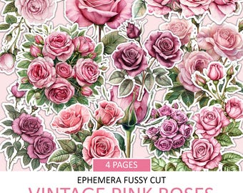Watercolor Pink Roses Ephemera: Vintage Floral Fussy Cuts (Digital Download)