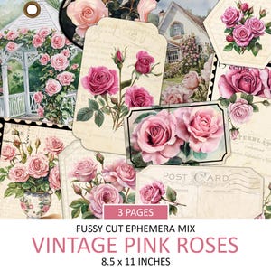 Vintage Pink Roses, Printable Ephemera Mix, FlowerTags, Labels, Floral Library Cards, Faux Stamps, Fussy Cut, Rose, Instant Download