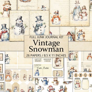 Snowman Junk Journal Kit, Vintage Style Journal Pages, Ephemera, Fussy Cut, Winter, Holiday Craft Kit, Printable Christmas Scrapbook