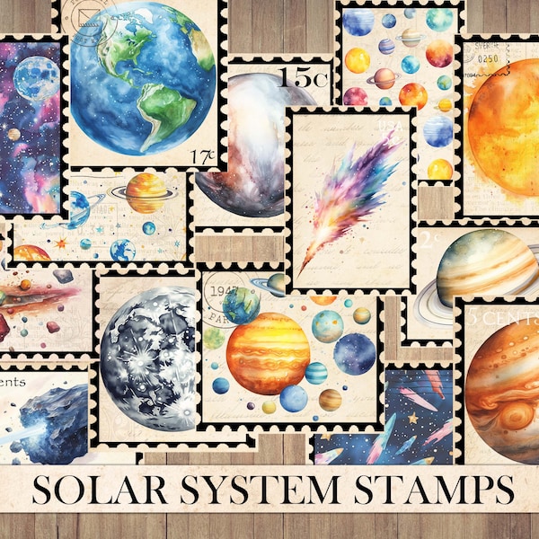 Vintage Solar System Stamps, Antique Ephemera, Fussy Cut, Sticker Sheet, Junk Journal Supplies, Planets, Galaxy, Space, Instant Download