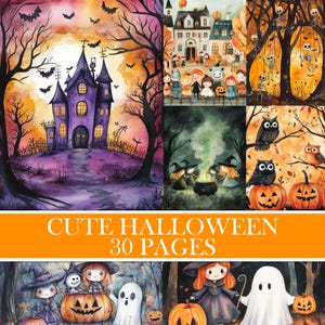 Vintage Cute Halloween Backgrounds, Junk Journal Supplies, Fall Images, Collage Antique Scrapbook Paper, Autumn, Seasonal Printable Download