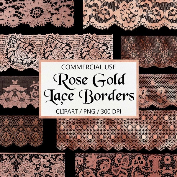 Rose Gold Lace Borders, Lace Edge Clipart, PNG Lace, Rose Gold Foil, Scrapbook Embellishment, Digital Scrapbook, Commercial Use