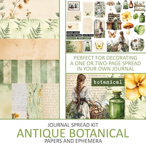 Diario botanico antico, kit a due pagine a tema, pagina di piante, effimere, taglio vintage, abbellimento di album di ritagli stampabile