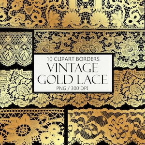 Gold Lace Borders, Lace Edge Clipart, PNG Lace, Gold Foil, Scrapbook Embellishment, Digital Scrapbook, Commercial Use