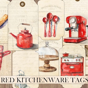 Etiquetas de utensílios de cozinha vermelhos vintage, coisas efêmeras de lixo eletrônico, cartões antigos, enfeite de álbum de recortes, corte exigente, culinária antiga, download instantâneo