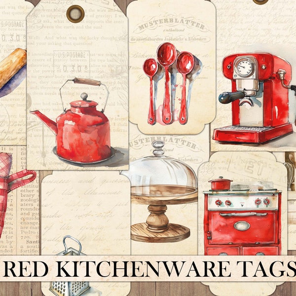 Vintage Red Kitchenware Tags, Junk Journal Ephemera, Antique Cards, Scrapbook Embellishment, Fussy Cut, Antique Cooking, Instant Download