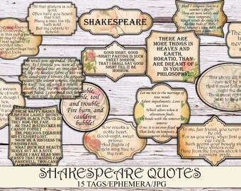 Printable Shakespeare Vintage Labels, Junk Journal Ephemera, Old Label, Fussy Cut, Shakespeare Quote, Gift Tag, Instant Download