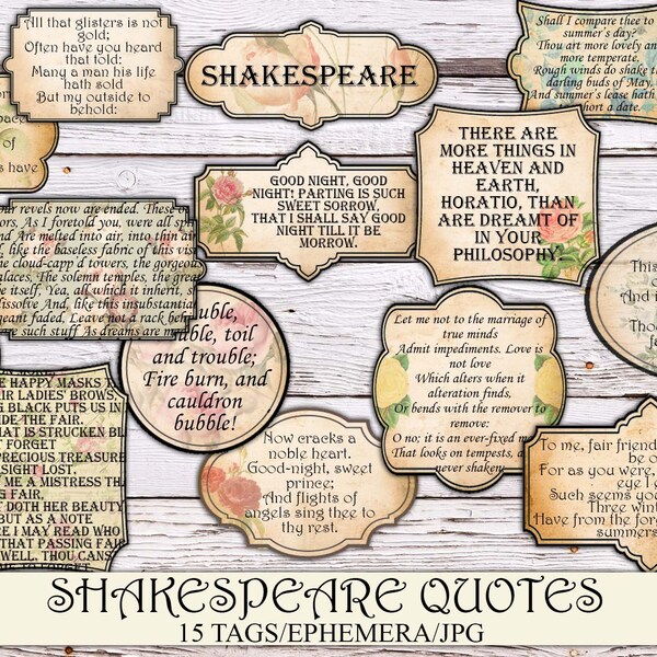 Printable Shakespeare Vintage Labels, Junk Journal Ephemera, Old Label, Fussy Cut, Shakespeare Quote, Gift Tag, Instant Download