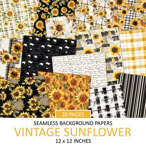 May include: A set of 20 digital paper designs featuring vintage sunflower patterns in various colors and styles. The papers are 12x12 inches and are perfect for scrapbooking, card making, and other crafting projects.