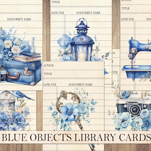 Tarjetas de biblioteca azules vintage imprimibles, corte quisquilloso, paquete de efímeras, suministros de diario basura, restos de diario, objetos antiguos, álbum de recortes, collage