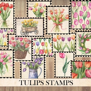 Vintage tulpenzegels, antieke kortstondige, kieskeurige snit, stickervel, junk Journal Supplies, lentebloem, bruiloft bloemen Instant Download