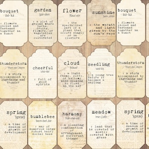 May include: Vintage-style printable tags with nature-themed words and definitions. The tags are cream-colored with a distressed, aged look. Each tag features a different word, such as 'sunshine', 'bouquet', 'garden', 'flower', 'seedling', 'thunderstorm', 'cheerful', 'cloud', 'meadow', 'spring', 'bumblebee', and 'harmony'.