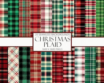 May include: 20 seamless Christmas plaid patterns in red, green, white, and black. Each pattern is 3600 x 3600 pixels.