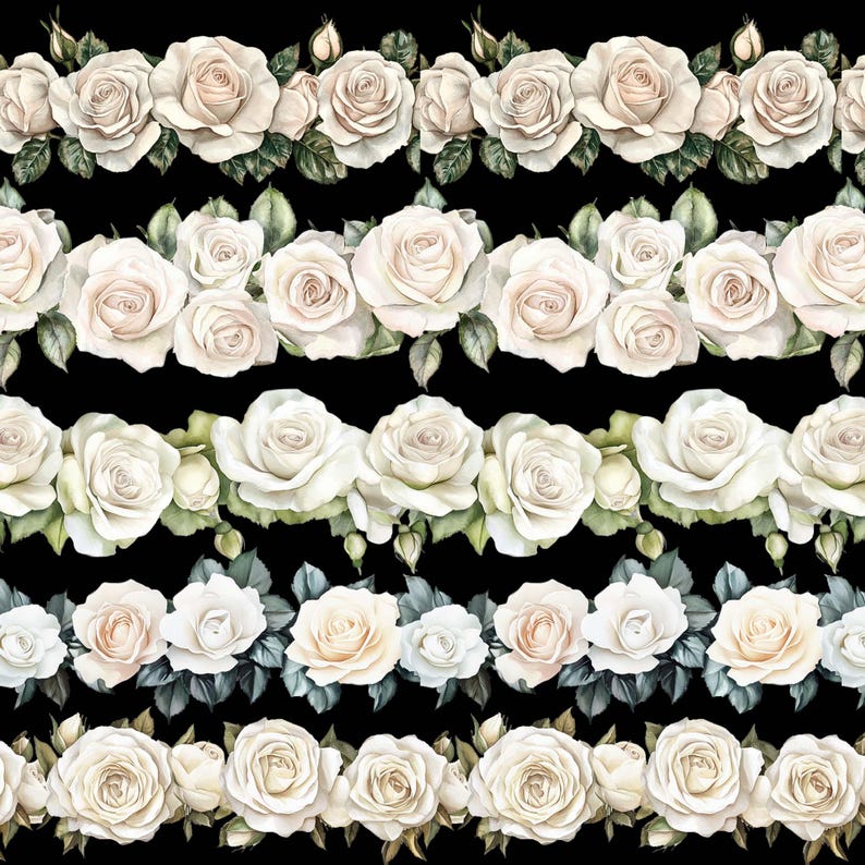 Printable White Roses Border White Roses Border Clipart: Seamless Floral Design (digital Download ...