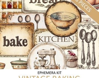 Può includere: Kit di ephemera per la cottura vintage con 38 pezzi. Il kit include immagini di utensili da cucina, barattoli di conserve, uno scolapasta, una planetaria, un cupcake, cucchiai e cartelli che recitano "Pane", "Cucina" e "Cuocere".