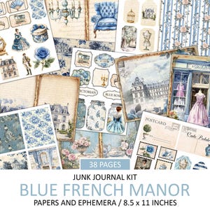 GRANDE kit di diario spazzatura maniero francese blu, pagine dell'epoca reggenza in stile vintage, effimeri, taglio pignolo, abbellimento di album, artigianato stampabile