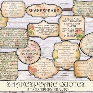 Shakespeare Vintage Etiketten, Junk Journal Ephemera, altes Etikett, fussy Schnitt, Shakespeare Zitat, Geschenkanhänger, Sofort Download