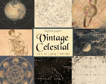 Digital Vintage Celestial Papers, Night Sky Junk Journal, Printable Craft Kit, Stars Ephemera, Authentic Images, Collage, Instant Download