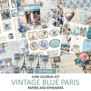 Kit de diário de lixo azul vintage de Paris, França antiga, corte exigente de viagem, enfeite de álbum de recortes, páginas de diário da Europa, artesanato para impressão