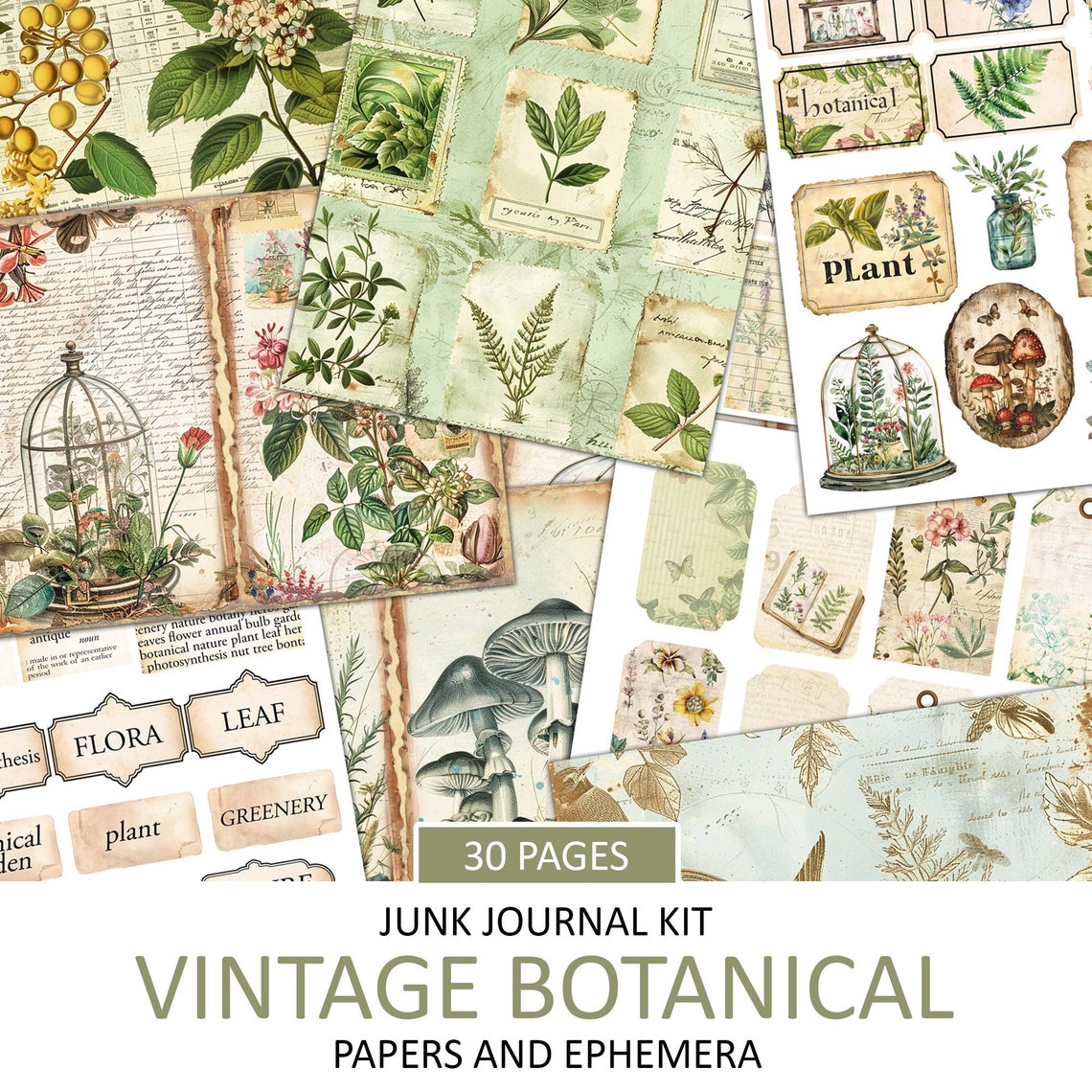 Vintage Botanical Junk Journal Kit: Plants & Flowers Ephemera (digital ...