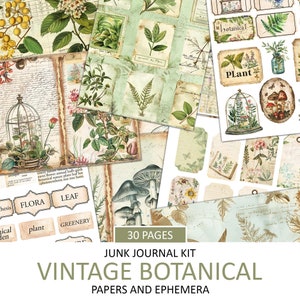 Kit de diario botánico vintage, páginas de botánica, efímeras de plantas y flores, recortes de vegetación, adornos para álbumes de recortes, manualidad imprimible