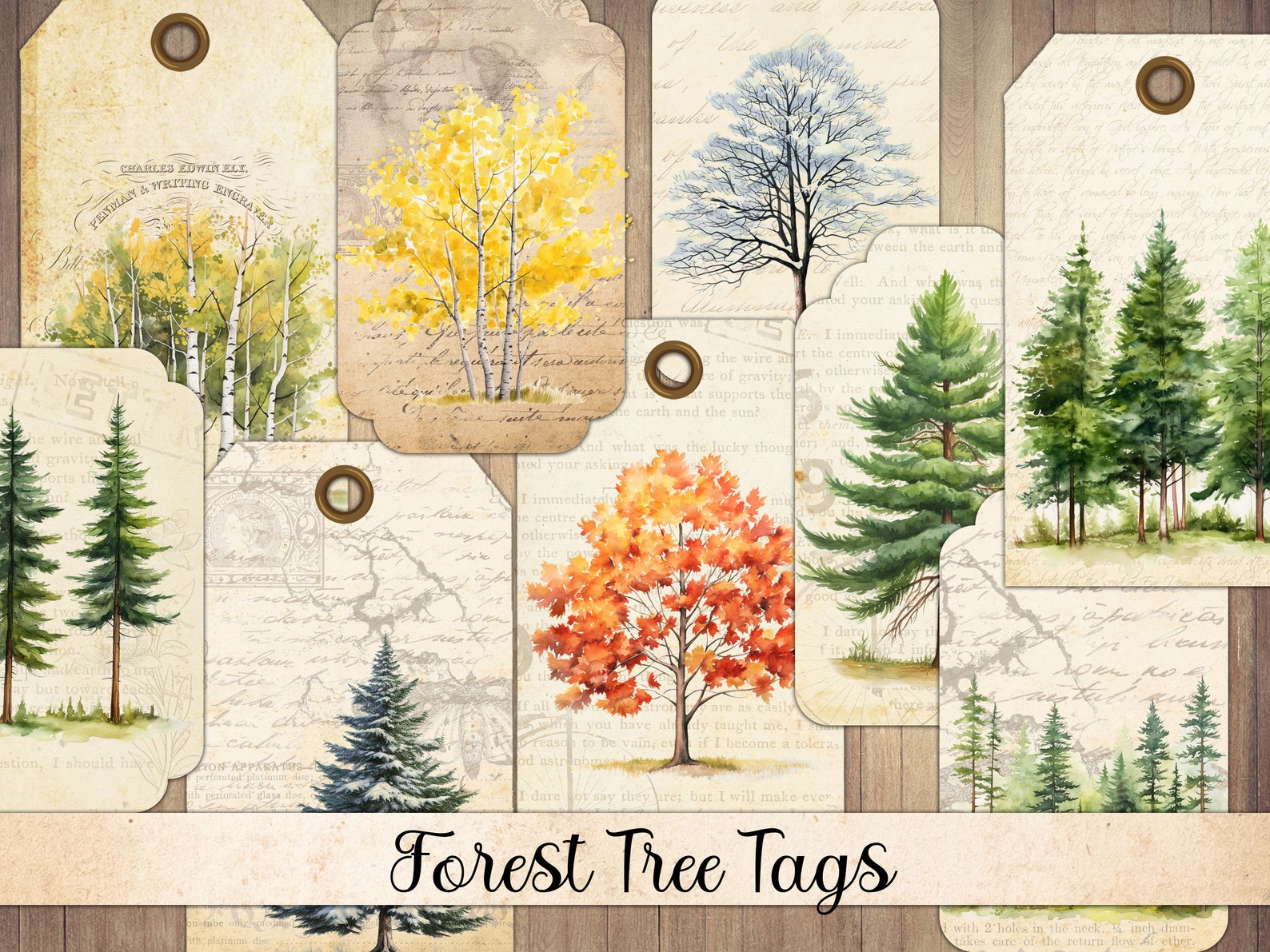 Vintage Forest Tree Tags: Printable Ephemera, Scrapbook Embellishments ...
