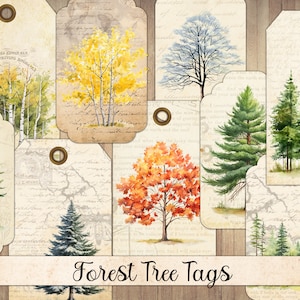 Etiquetas de árvores florestais vintage, itens efêmeros para impressão, etiqueta da natureza, cartões de diário, etiquetas externas, corte exigente, recortes de scrapbook, download instantâneo