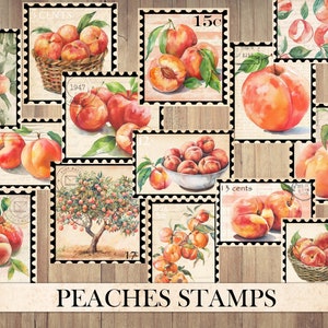 Vintage Peaches Stamps, Antique Ephemera, Fussy Cut, Sticker Sheet, Junk Journal Supplies, Summer Fruit, Peach Nature, Instant Download