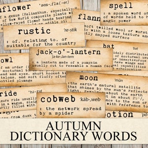 Autumn Dictionary Words, Printable Junk Journal Ephemera, Grunge, Fall Craft Kit Scraps, Vintage, Halloween, Fussy Cut, Digital, Download