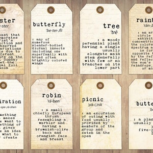 May include: Ten vintage-style tags with definitions of words like Easter, butterfly, tree, rainbow, inspiration, robin, picnic, and buttercup. Each tag has a different color and design.