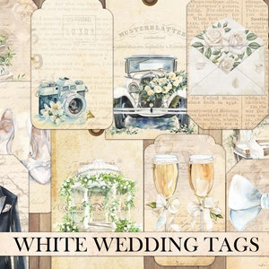 Etiquetas de casamento brancas vintage, coisas efêmeras de lixo eletrônico, cartões antigos, enfeite de álbum de recortes, corte exigente, casamento boho, download instantâneo