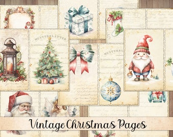 May include: Vintage Christmas digital paper pack with images of a lantern, Christmas tree, ornaments, a gnome, Santa Claus, and an angel. The paper pack is perfect for scrapbooking, card making, and other crafting projects.