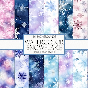May include: 16 Watercolor Snowflake Backgrounds, each measuring 3600 x 3600 pixels. The backgrounds feature a variety of blue, purple, and pink watercolor washes with white snowflakes scattered throughout.