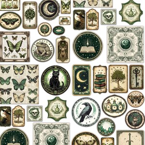 May include: A collection of 30 digital printable stickers featuring a whimsical, magical, and gothic theme. The stickers feature illustrations of butterflies, owls, cats, ravens, moons, stars, keys, books, potions, and more. The stickers are perfect for adding a touch of whimsy to your planner, journal, scrapbook, or other craft projects.