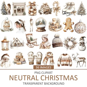 Watercolor Neutral Winter, Seasonal Christmas Clip Art, Cozy Holiday Illustration, Antique Sublimation, Scrapbook, Junk Journal, PNG Image
