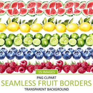 Può includere: Un set di 15 illustrazioni di bordi di frutta senza cuciture. I bordi presentano fette di anguria, limoni, lime, mirtilli e lamponi. Le illustrazioni sono in stile acquerello e hanno uno sfondo trasparente.