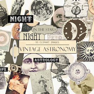 Może przedstawiać: Zbiór 55 obrazów clipart z astronomii w stylu vintage, w tym ciała niebieskie, teleskopy i symbole astrologiczne. Obrazy są w czerni i bieli i mają vintage'owy charakter.