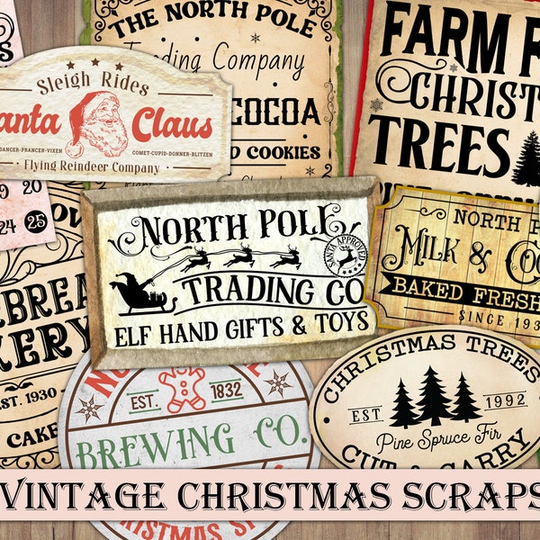 Vintage Christmas Scraps, Fussy Cut Winter, Retro Sayings, Scrapbook Embellishments, Junk Journal Ephemera, Collage, Instant Download