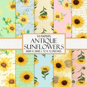 Sunflower Digital Paper, Antique Sunflowers, Scrapbook Background, Junk Journal Paper, Printable Ephemera, Summer Paper, Instant Download