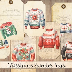 Tag maglione di Natale vintage, oggetti effimeri stampabili, vacanze invernali, tag regalo, carte di diario, taglio pignolo, download istantaneo