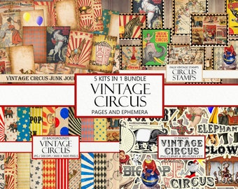 Op de afbeelding: Een digitale collagekit met vintage circusbeelden, achtergronden en ephemera. De kit bevat 20 achtergronden, 22 afbeeldingen en nep-vintage postzegels. De afbeeldingen zijn in verschillende stijlen, waaronder illustraties, foto's en typografie. De kleuren zijn helder en gedurfd, en het algemene thema is grillig en leuk.