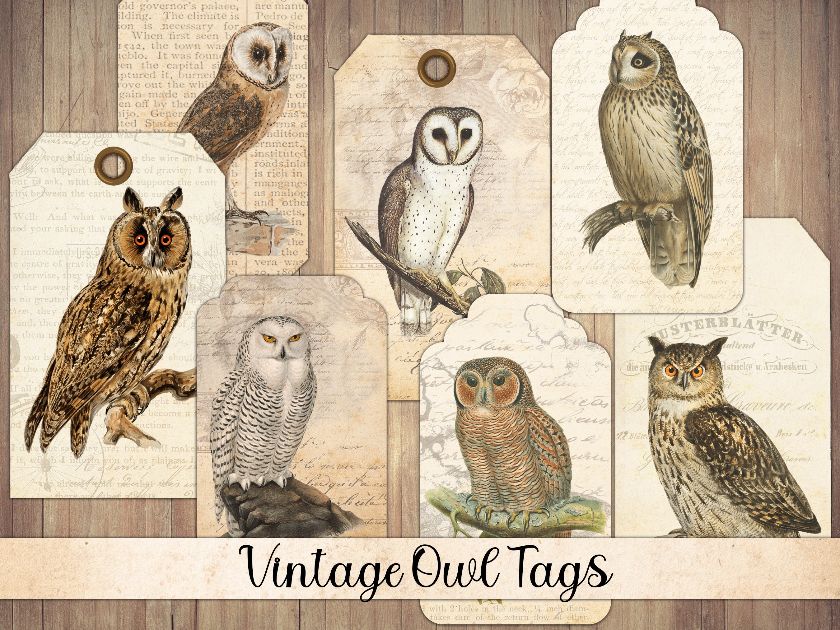 Vintage Owl Ephemera: Printable Gift Tags (Instant Download)
