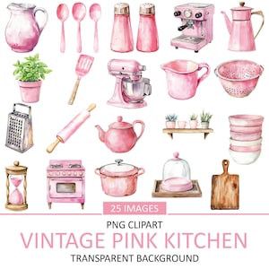 May include: Watercolor illustration of vintage pink kitchen items, including a mixer, teapot, bowls, and a stove. The image also features text that reads "VINTAGE PINK KITCHEN" and "25 IMAGES PNG CLIPART TRANSPARENT BACKGROUND."