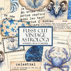 Aquarel vintage blauwe astrologie ephemera kit, antieke hemelse esthetiek, kieskeurige snit, ongewenste tijdschriftbenodigdheden, collage, afdrukbare afbeelding