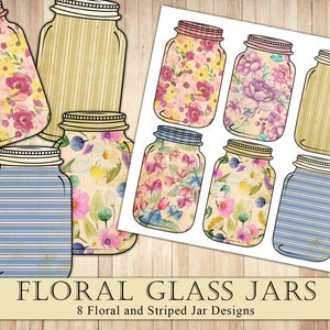 Vintage Floral and Striped Glass Jars, Junk Journal Embellishment, Flower Jars, Ticking Stripes, Ephemera, Fussy Cut, Printable
