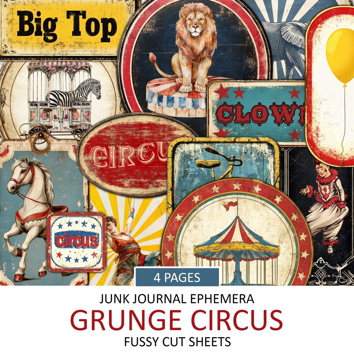 Antique Circus Ephemera Kit: Printable Grunge Journal Scraps (JPG & PDF ...