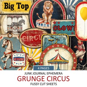Antique Circus Labels Ephemera Kit, Printable Grunge Journal Scraps, Fussy Cut, Scrapbook, Big Top Carnival Collage Kit, Instant Download