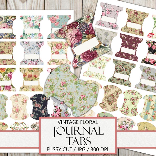 Antique Floral Journal Tabs, Vintage Junk Journal Supply, Distressed Dividers, Fussy Cut, Scrapbook Embellishment, Instant Download